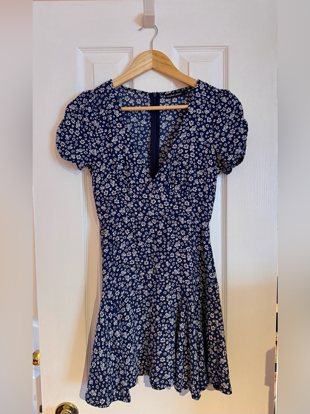 Sundae Muse Navy Floral Midi Dress with Puff Sleeves
